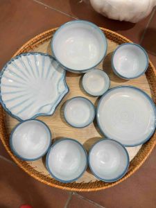 Bộ Bát Đĩa Sứ Men Xanh Biển Kẻ Viền Bát Ăn Cơm Tô Canh Bát Tràng Làm Quà Tặng Ý Nghĩa