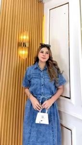 Chacha Dress Jeans Wanita Jumbo Casual Kerah Lengan Pendek Kancing Depan Busui Free Tali Pinggang