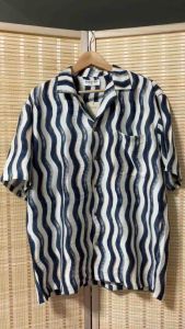 เสื้อฮาวาย ผ้าไหมฝรั่งเศส ลายคลื่นน้ำเงิน วินเทจ ใส่สบาย ระบายอากาศดี ไซส์ M L XL