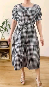 ECLAIRE 039: Dress Midi Lengan Pendek Shortsleeves Motif Kotak-kotak Square Geometris Gingham Kasual Casual Basic Dasar Santai Kerja Samoula