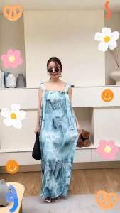 ชุดเดรสพลีทสายเดี่ยวลายคลื่นทะเล ❤️