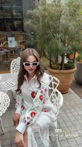 A851 เดรสเชิ๊ตยาว ลูกไม้สีขาว ปักดอกไม้