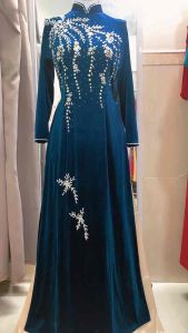 Áo dài cho mẹ nhung xanh cổ vịt kết hạt- CỔ CAO và CỔ THUYỀN- ẢNH THẬT 100%