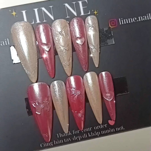 Nailbox thiết kế tráng gương kèm mắt mèo đính bước và trái tim nổi-B1