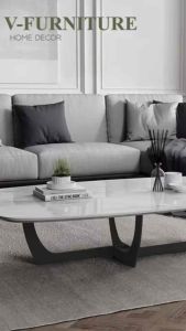 Bàn trà đơn Sofa phòng khách mặt đá chữ nhật chân kim loại kiểu dấu + thanh dẹt sang trọng hiện đại