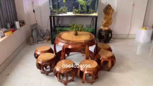 bộ bàn ghế đôn trống khung gỗ Cẩm vàng ván mặt gỗ kháo vàng