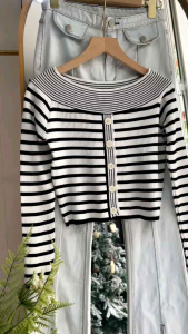 ●ECLAIRE● 043 Blouse Blus Crop Knit Rajut Sabrina Lengan Panjang Longsleeves Motif Salur Stripe Garis-garis Korea Kasual Urban Trendy Mode Import lbb