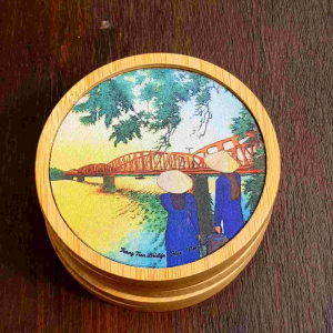 Miếng lót ly cốc coaster bằng gỗ tre và vải in tranh vẽ danh lam thắng cảnh quê hương Việt Nam