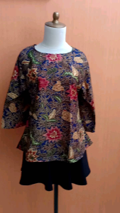atasan wanita biru tua navy motif bunga batik M L cewek blouse kerja kuliah