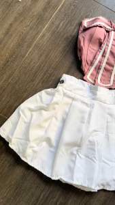 Set Bộ Áo ỐNG Nơ To Viền Croptop + Chân Váy Xếp Ly Nhúng Eo Có Lót Quần