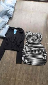 Đầm Ống Sọc Nơ Phối Khoen Vuông Dáng Ngắn Nhún Thân + Khoác Ngắn