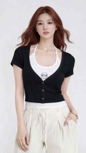Áo Croptop Nữ 2 Lớp Giả Yếm Áo Thun Borip Co Giãn 4 Chiều Form Ôm Body Nút Trước Freesize 35-60kg Hot Trend