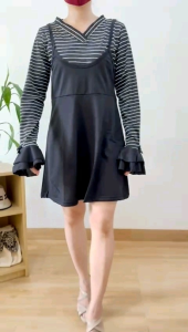 ●ECLAIRE● 0IS Setelan Overall 2in1 (Inner dan Outer) Salur Stripe Garis-garis Mini Petite Imut Manis Korea Hitam