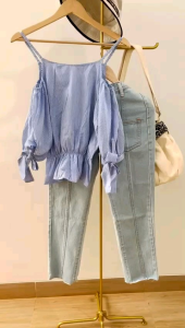 ●ECLAIRE● 0IS Blouse Lengan Cold-shoulder Salur Stripe Garis-garis Pita Ribbon Kasual Santai Mode Pantai