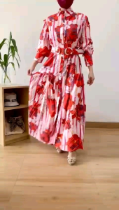 ●ECLAIRE● 003 Dress Maxi Maksi Lengan Panjang Longsleeves High-neck Motif Flower Floral Bunga Fashion Muslim CNY Imlek Natal Pesta Kondangan Import 05510