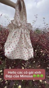 Spring Bag -  Túi tote dây rút vải Nhung hoạ tiết hoa lá mùa xuân( 2 lớp) - Mimosa Handmade