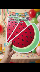 Watermelon Slice Party Cutouts | Summer Birthday Decorations | Fruit Theme Wall Decor | Red and green watermelon slices with black seeds | Party decoration