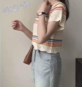 Áo Kiểu Nữ Lưới Len Mongtoghi Tay Hến Hoạ Tiết Sọc Ngang Thời Trang