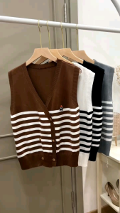 ●ECLAIRE● 043 Vest Rompi Knit Rajut Motif Salur Stripe Garis Korea Kasual Mode Modis Bear Import Premium