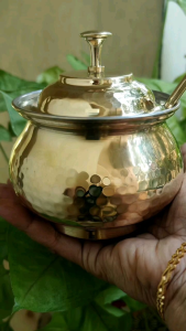 ANYRAS TROVE Hammered Pure Brass ghee Pot Inside Tin Coated with Lid and Spoon(350 ML) Pickle Container Jar with Spoon and Golden Finish Multipurpose kitchen Jar11cm Height 8.5cm Diameter