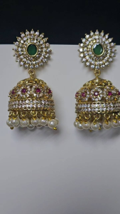 Elegant AD Stone Jhumka Earrings with Green and Pink Gemstones and Pearl Accents for Festive Wear