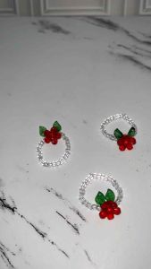 Noella Red Rose And Green Leaf Beads Ring Cincin Elastis Bunga Daun Tema Natal Christmas Xmas Handmade Fashion