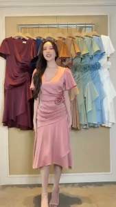 ชุดเดรส ชุดออกงาน ชุดราตรี FP068 เกรดพรีเมี่ยม คอวี แขนสั้น