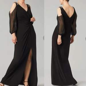 Black Elegant Long Gown | Chiffon Overlay Sleeves & V-Neck | Size 6 | US Imported (Preloved)