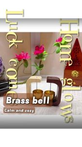 Wooden Sounding Bowls with Golden Bells - Dark Brown and Light Wood - Decorative Sound Therapy Set - Indoor Ambient Sound - Purple Crystal and Wooden Incense Holder in Background
