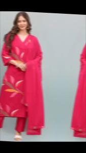Pink traditional outfit with floral patterns and flowing dupatta for casual dinner prayers festival.