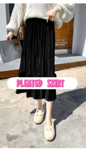 Womens mid-length high waist gold velvet pleated swing skirt available in black brown gray and beige waist size 65-100 cm.