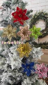 12PCS Flowers 15CM Glitter Artificial Silk Flower Christmas Tree Ornament DIY Christmas Decoration