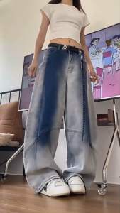 กางเกงยีนส์ขายาว เอวสูง ทรงบาร์เรล แต่งทูโทน ยีนส์รุ่นใหม่ 3368