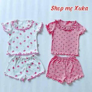 Bộ cotton thông hơi bé gái bèo cổ hoạ tiết xuất Nhật