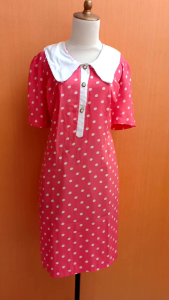 mini midi dress wanita pink polkadot putih RINA cewek L XL kerah cute maternity hamil lengan pendek