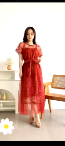 Dress Korea Shannon Gaun Brukat Tile Dress Satin Velvet Tulle Premium Midi Dress Pesta dan Natal