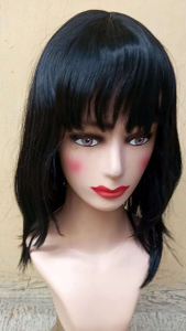 Wig Cosplay Hitam Segi Lurus Sebahu Poni 38cm Merk Anna Korea Wig Sintetis