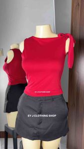 BUY 1 + GET 2 FREE (3PCS) JULS One Side Tie Asymmetrical Off Shoulder Crop Top Double Lining Front Single Tie Sleeveless Basic Cotton Spandex Womenswear Comfortable Lady