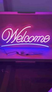 ป้ายไฟ ป้ายไฟร้าน ป้ายไฟตัวอักษร ป้ายไฟวิ่ง ป้ายไฟนีออน ป้ายไฟled ป้ายไฟwelcome สีชมพู60x30cm แบบใส