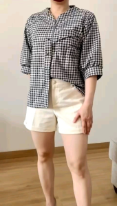 ●ECLAIRE● 026 Kemeja Shirt Vneck Lengan Sesiku Motif Kotak-kotak Square Geometris Kasual Casual Kerja Korea Basic Dasar Mode 1239