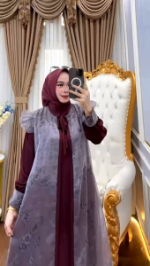 Gamis Premium Hanifa #10 Wanita Dewasa – Dress Muslim Elegan Bahan Royal Twish Mix Organza Print – No Hijab / Gamis Pesta & Kondangan Mewah