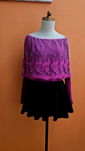 atasan sabrina wanita ungu M L XL lengan panjang MEWAH tile brokat cute