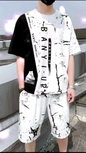 Baju Setelan Pria Oversize Size XL Casual Cowok 2in1 Set Banyi Warning