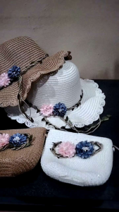 TOPI PANTAI ANAK SET TAS IMPORT MOTIF BUNGA DAUN JALAR