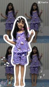 ชุดนอนเด็ก ลายคิตตี้หัวใจมีปีก คอระบาย ใส่สบาย ผ้าไม่หนา แขนสั้น ขาสั้น ชุดหมอนนอน