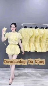 Váy sơ mi vàng bèo ngực đai hoa-Đầm nữ xinh