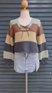 เสื้อนิตติ้งถักสลับสี รุ่นถักเขียว อก 38-48 ชุด