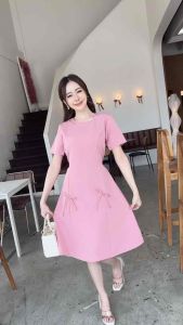 เดรสออกงาน เดรสทำงาน เดรสแฟชั่นคอกลมแต่งโบว์ เรียบๆลุคคุณหนู ป้าย VERA