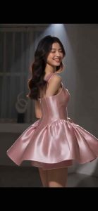Sherrie (Vietnam Inspired) Satin Silk mini dress with square neckline and flared skirt. Suitable for casual or semi-formal occasions.