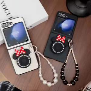 Hardcase Samsung Galaxy Z FLIP 7 Z FLIP 6 Z FLIP 5 5G With Cute 3D Minnie Mouse Popsocket and Pearl Bracelet Chain Phone Case For Samsung Galaxy Z Flip 7/Z Flip 6/Z Flip 5